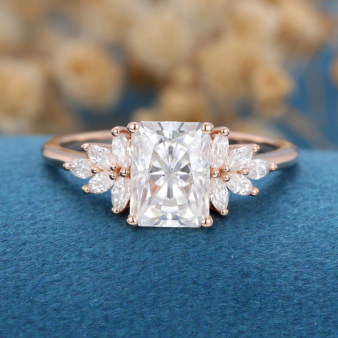 Radiant cut Moissanite Cluster Engagement ring 