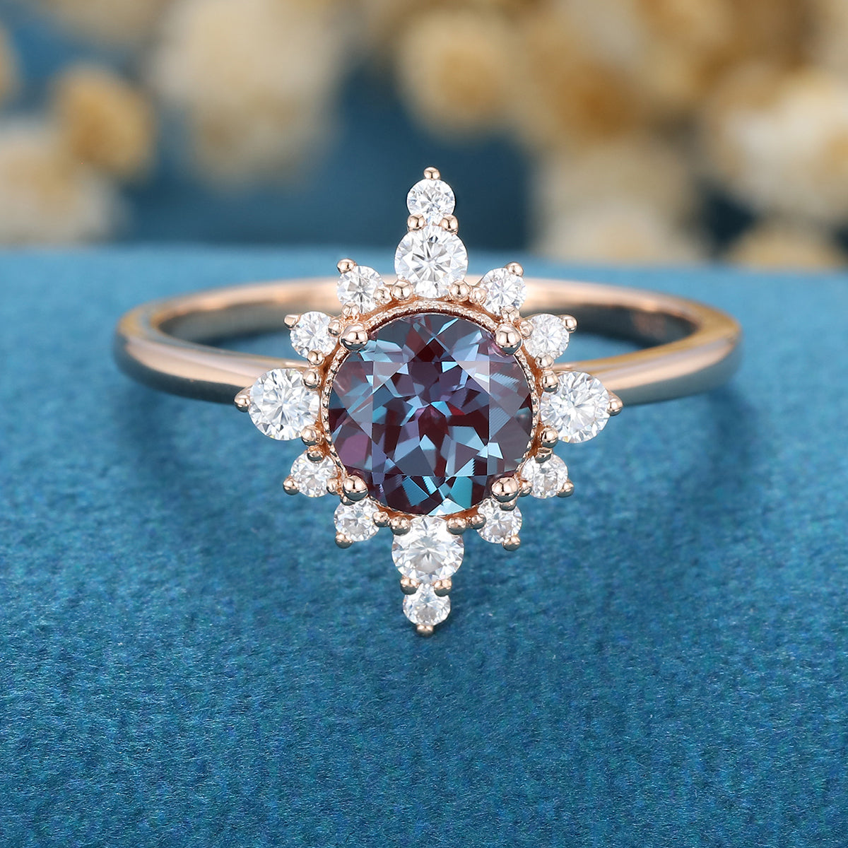 Round cut Alexandrite Halo Diamond Engagement ring 