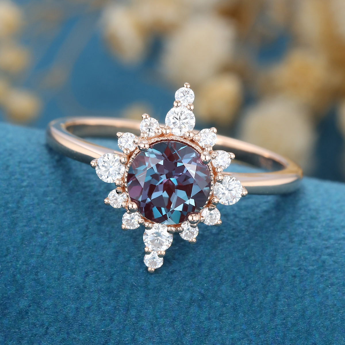 Round cut Alexandrite Halo Diamond Engagement ring 