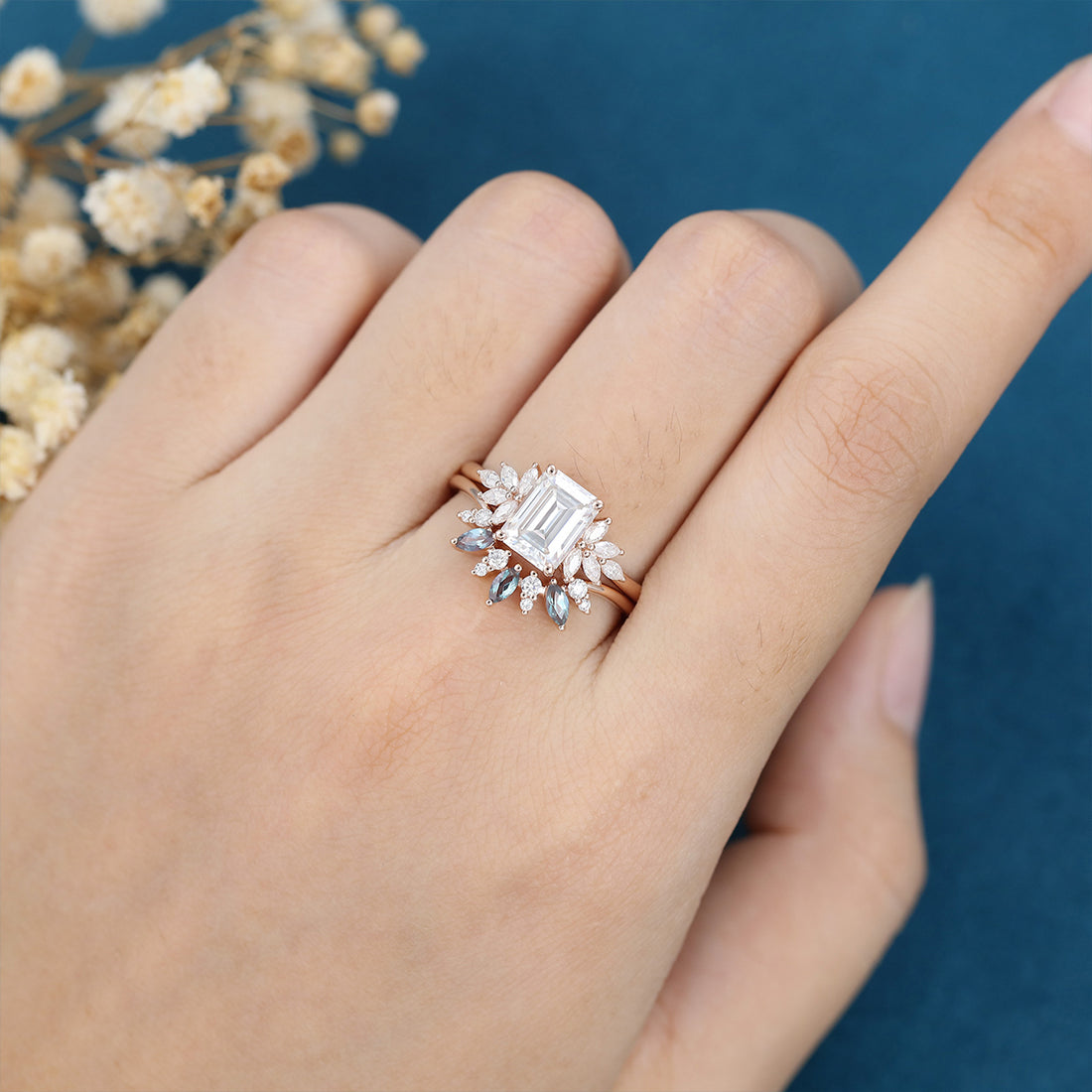 Emerald cut Moissanite Engagement Ring Alexandrite Bridal Set
