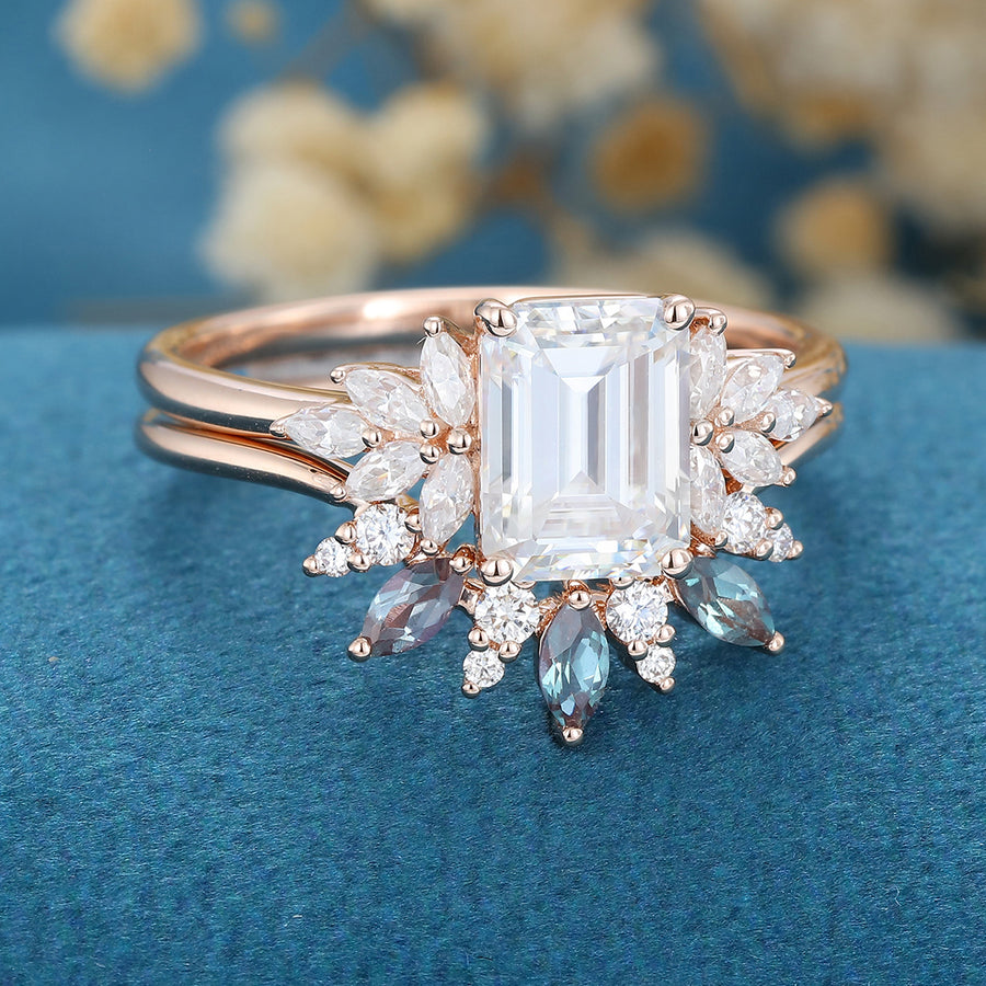 Emerald cut Moissanite Engagement Ring Alexandrite Bridal Set 