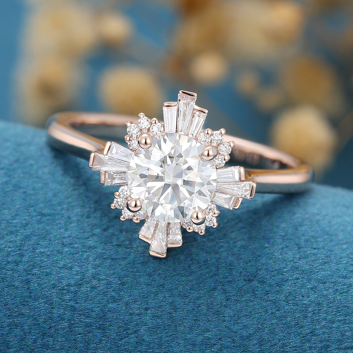 Round cut Moissanite Halo Baguette Engagement Ring 