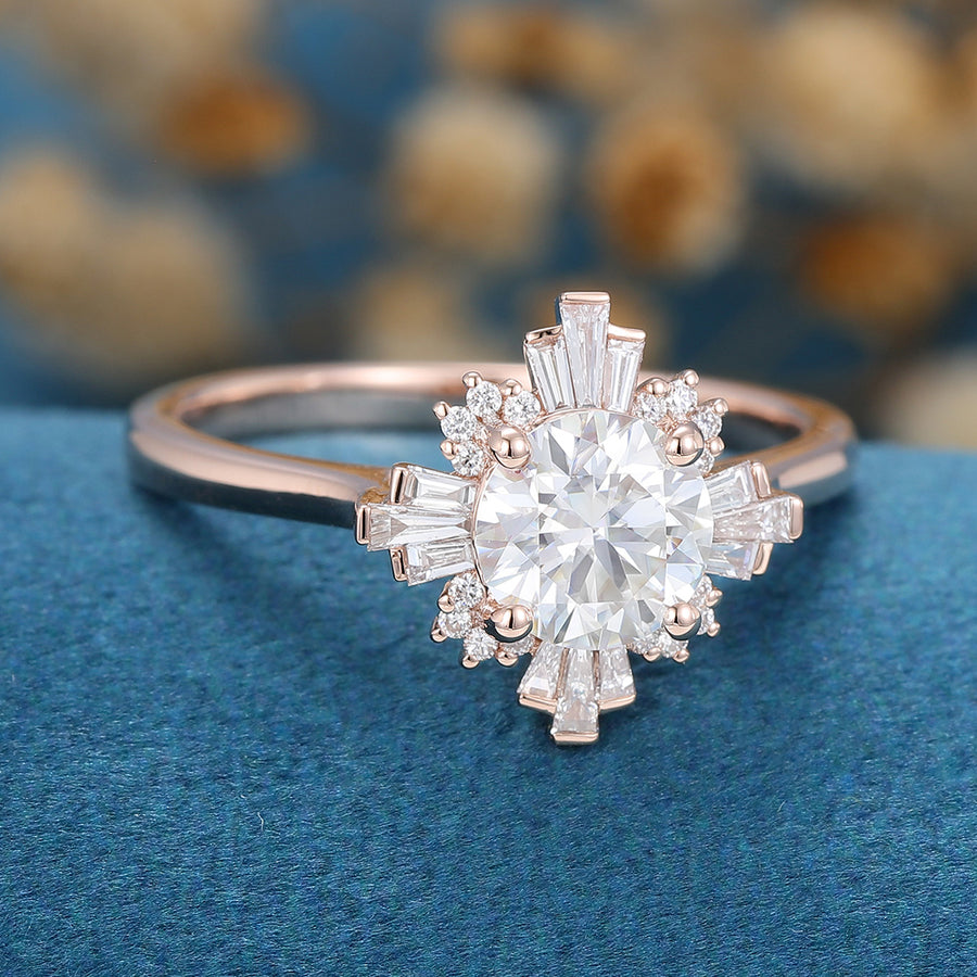 Round cut Moissanite Halo Baguette Engagement Ring 