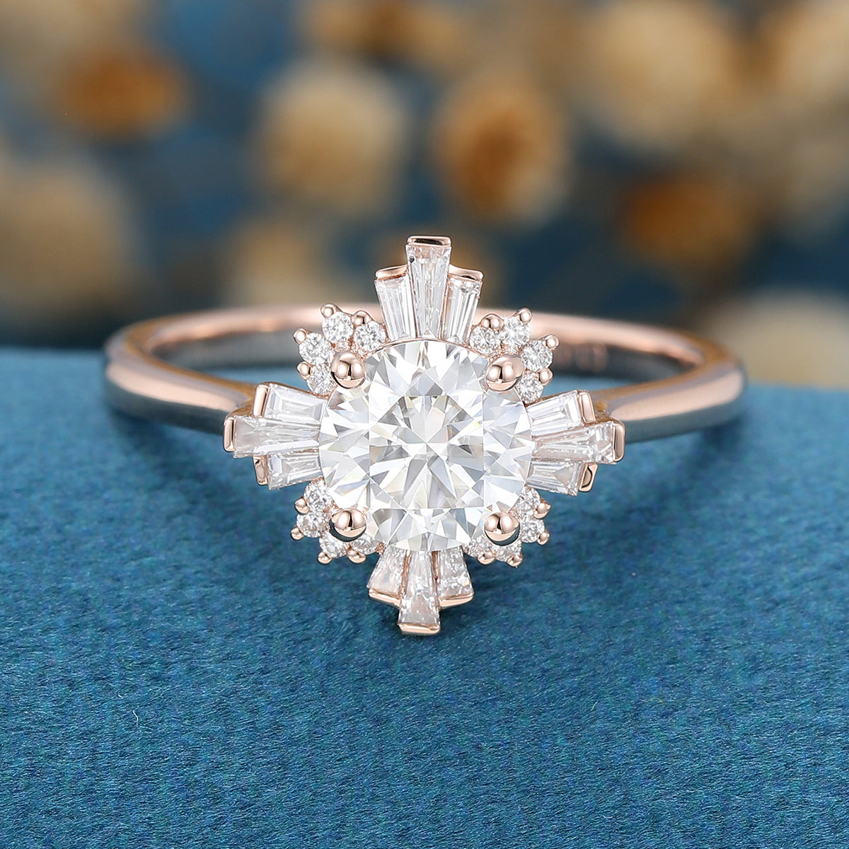 Round cut Moissanite Halo Baguette Engagement Ring 