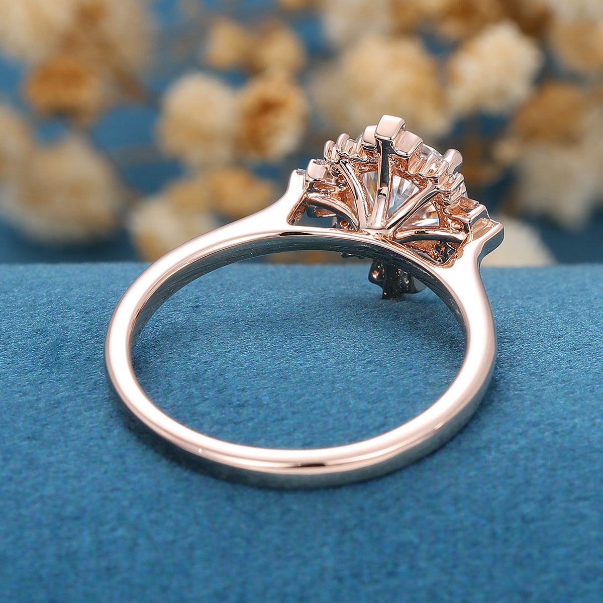 Round cut Moissanite Halo Baguette Engagement Ring 