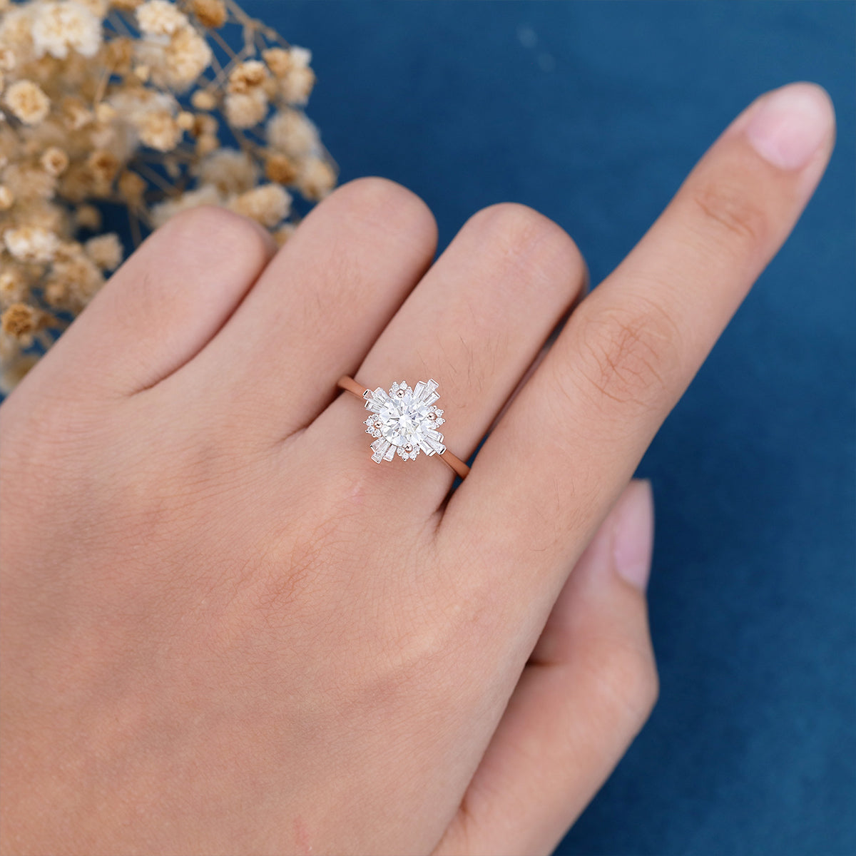 Round cut Moissanite Halo Baguette Engagement Ring 