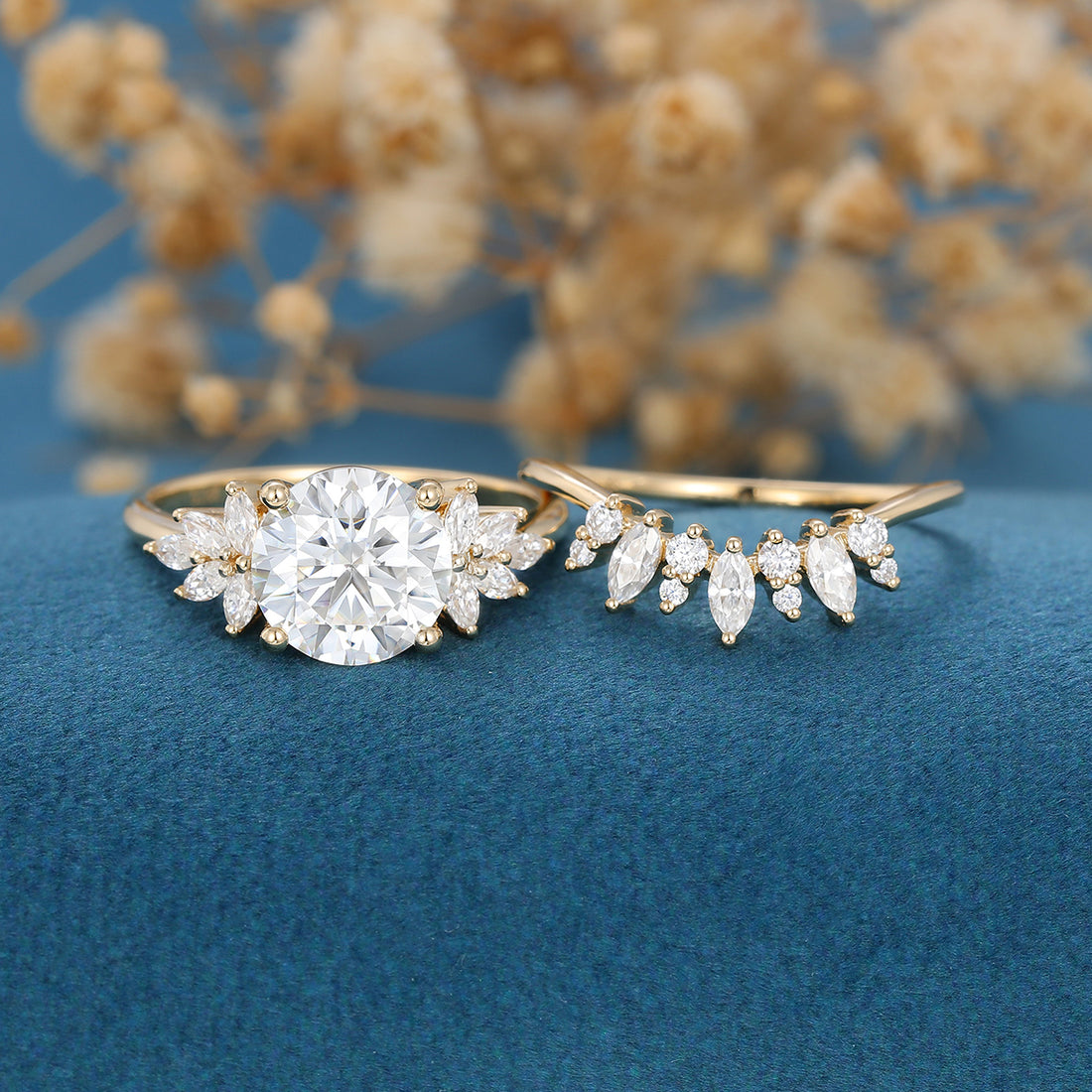 8.5mm Round cut Moissanite Cluster Engagement ring Bridal Set 