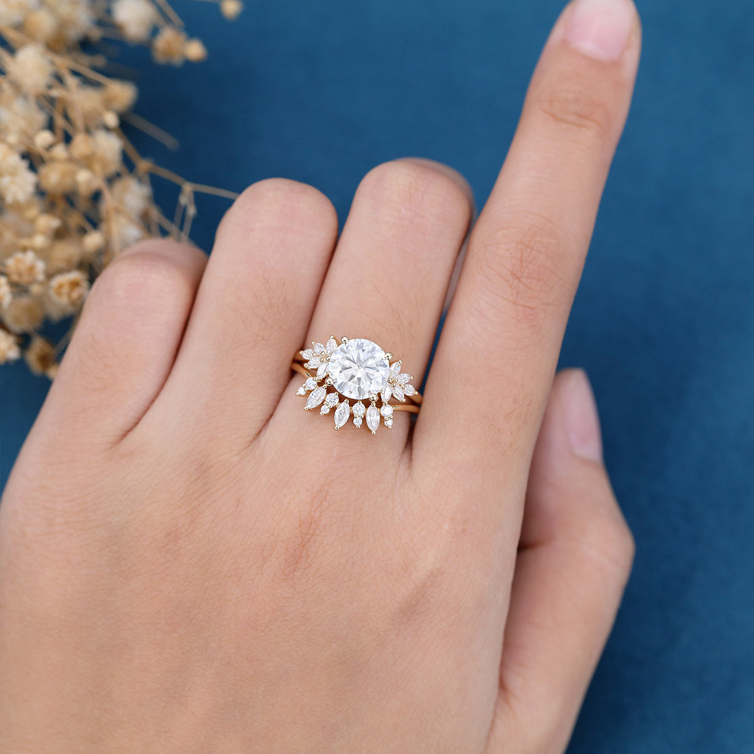8.5mm Round cut Moissanite Cluster Engagement ring Bridal Set 