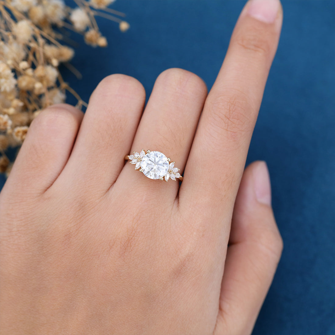 8.5mm Round cut Moissanite Cluster Engagement ring 