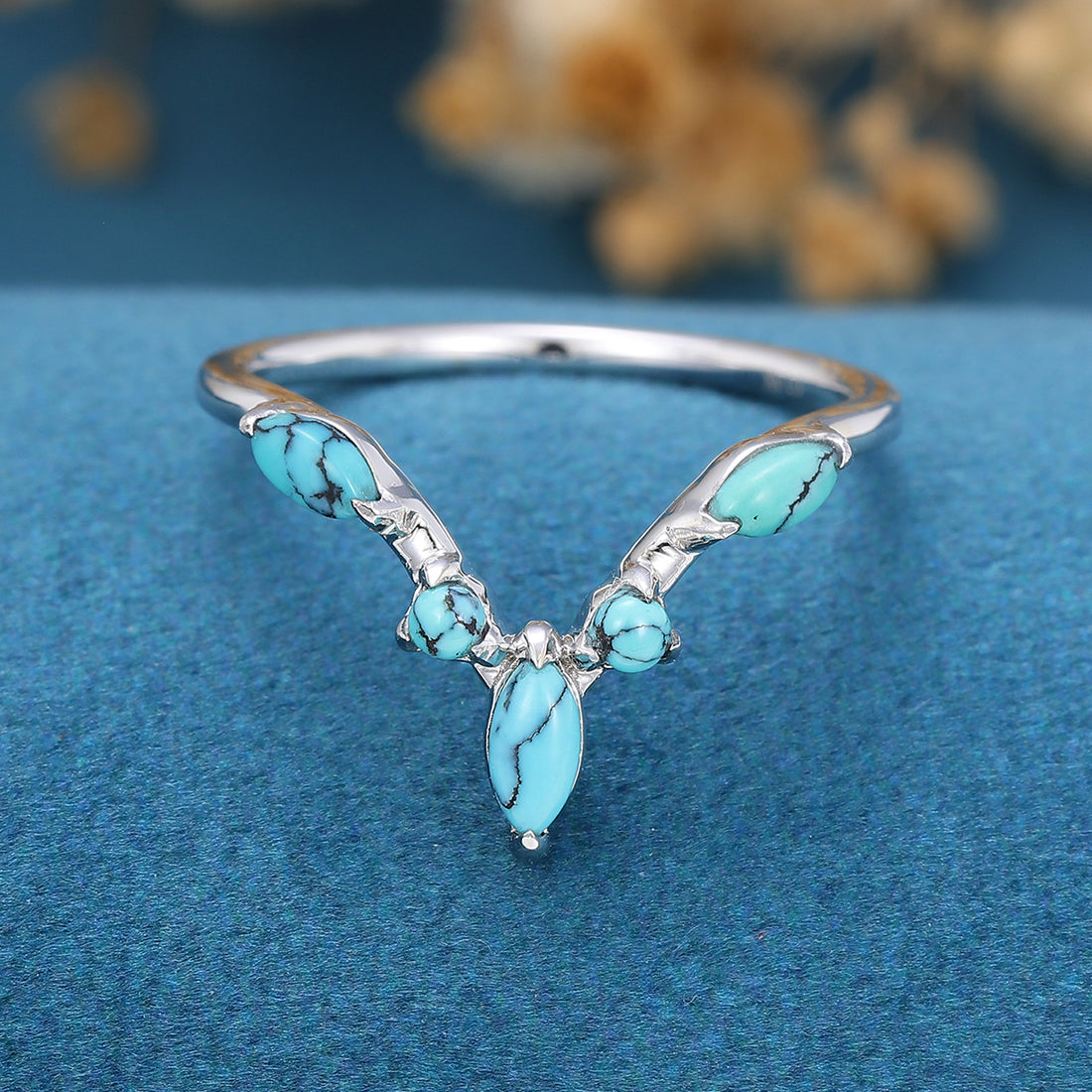 Marquise cut Turquoise Curved Wedding Band Ring 