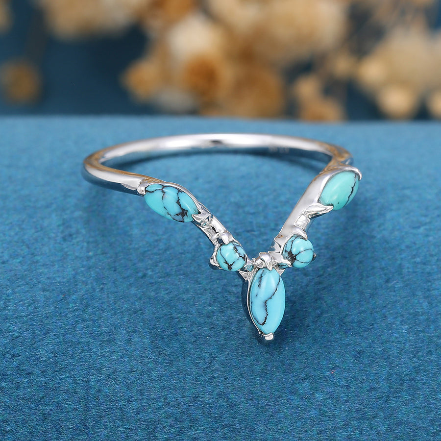 Marquise cut Turquoise Curved Wedding Band Ring 