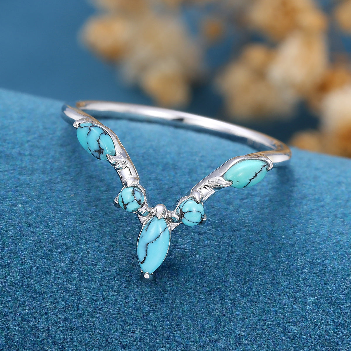 Marquise cut Turquoise Curved Wedding Band Ring 