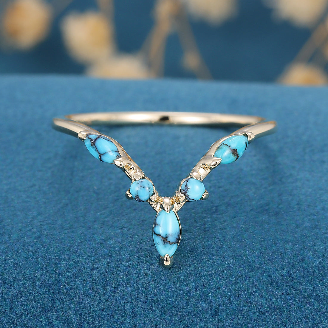 Marquise cut Turquoise Curved Wedding Band Ring 