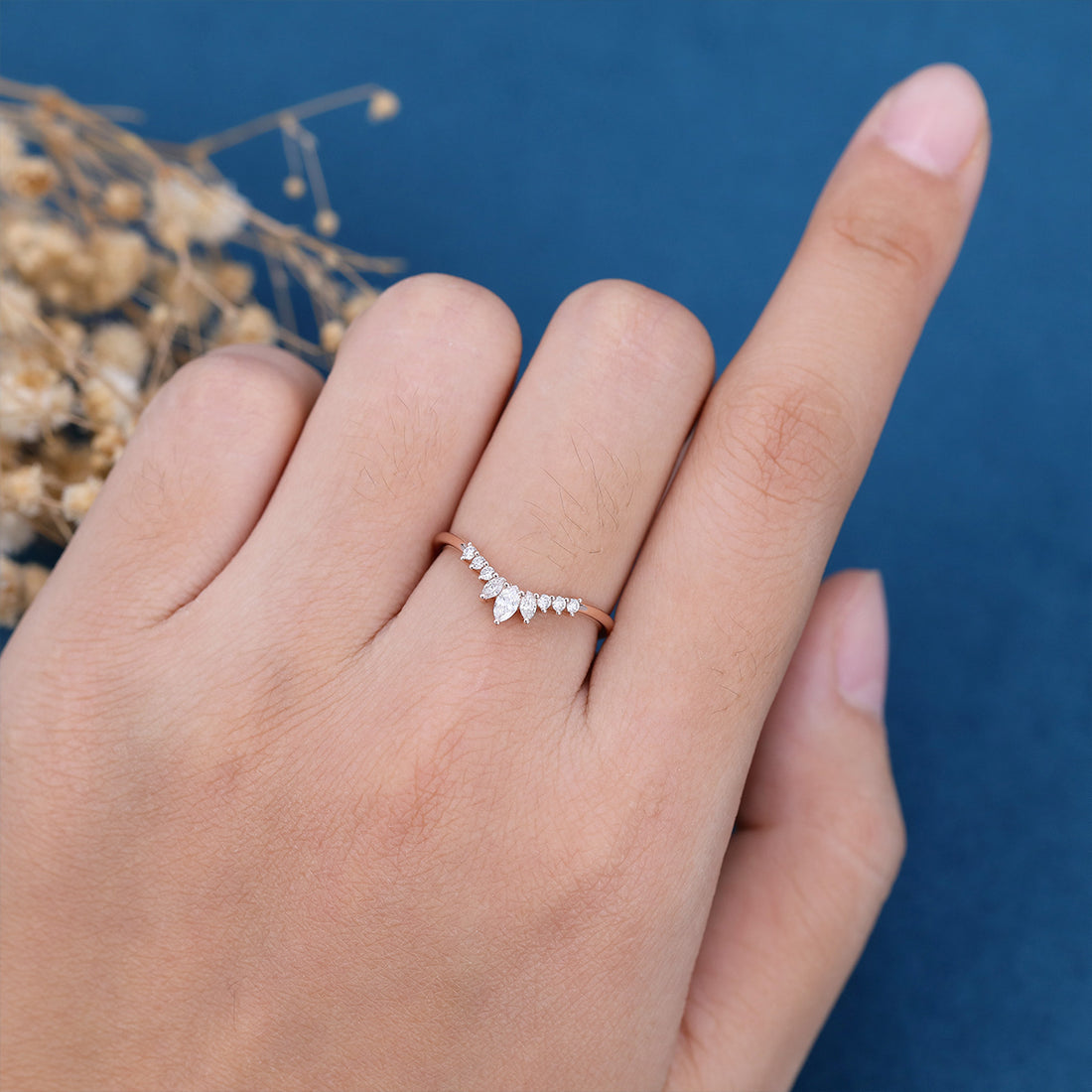 Marquise cut Moissanite | Diamond Curved Wedding Band Ring