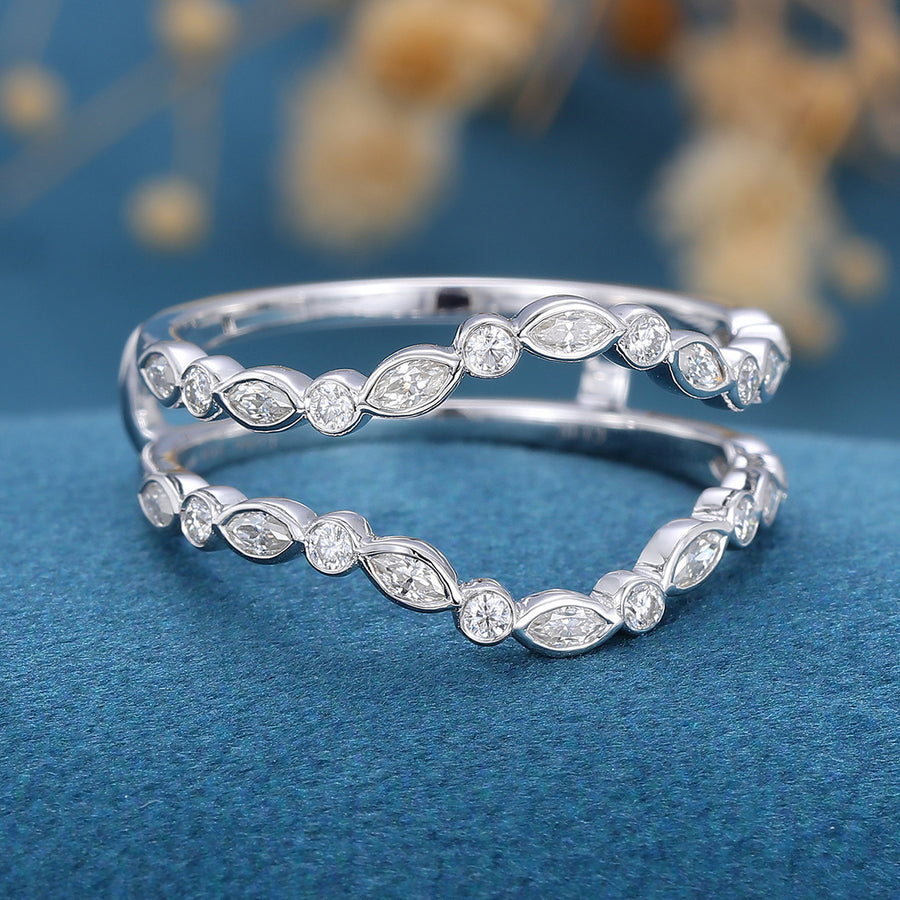 Double Marquise cut Moissanite | Diamond Curved Wedding Band Ring 