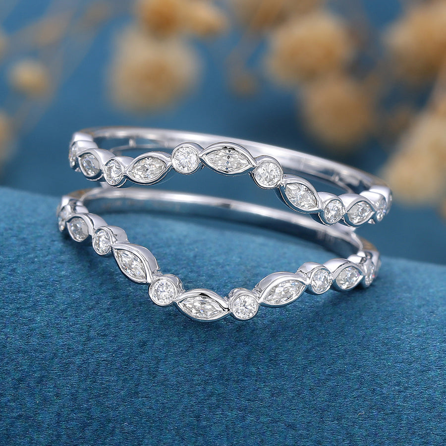 Double Marquise cut Moissanite | Diamond Curved Wedding Band Ring 