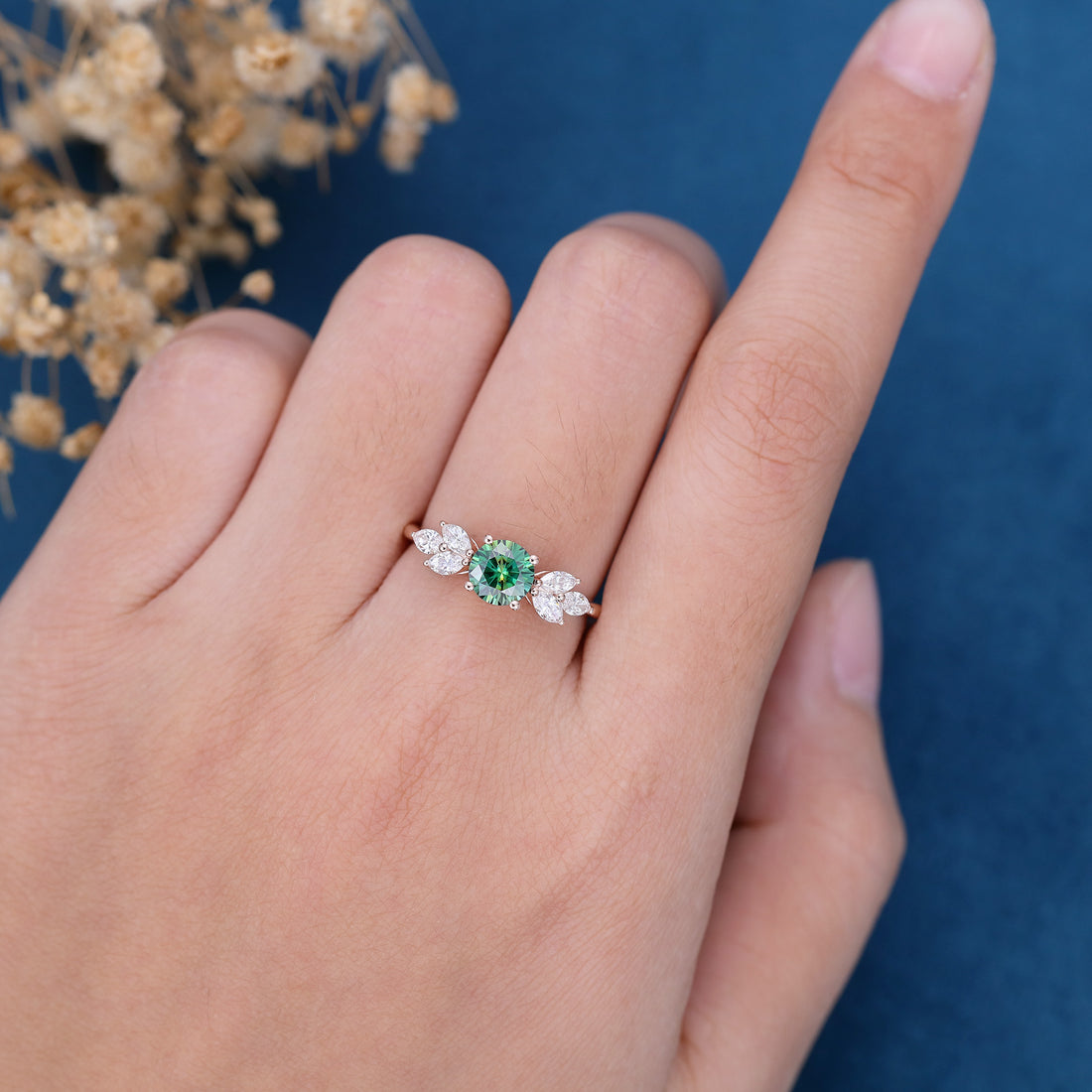 6mm Round Green Moissanite Cluster Engagement ring 