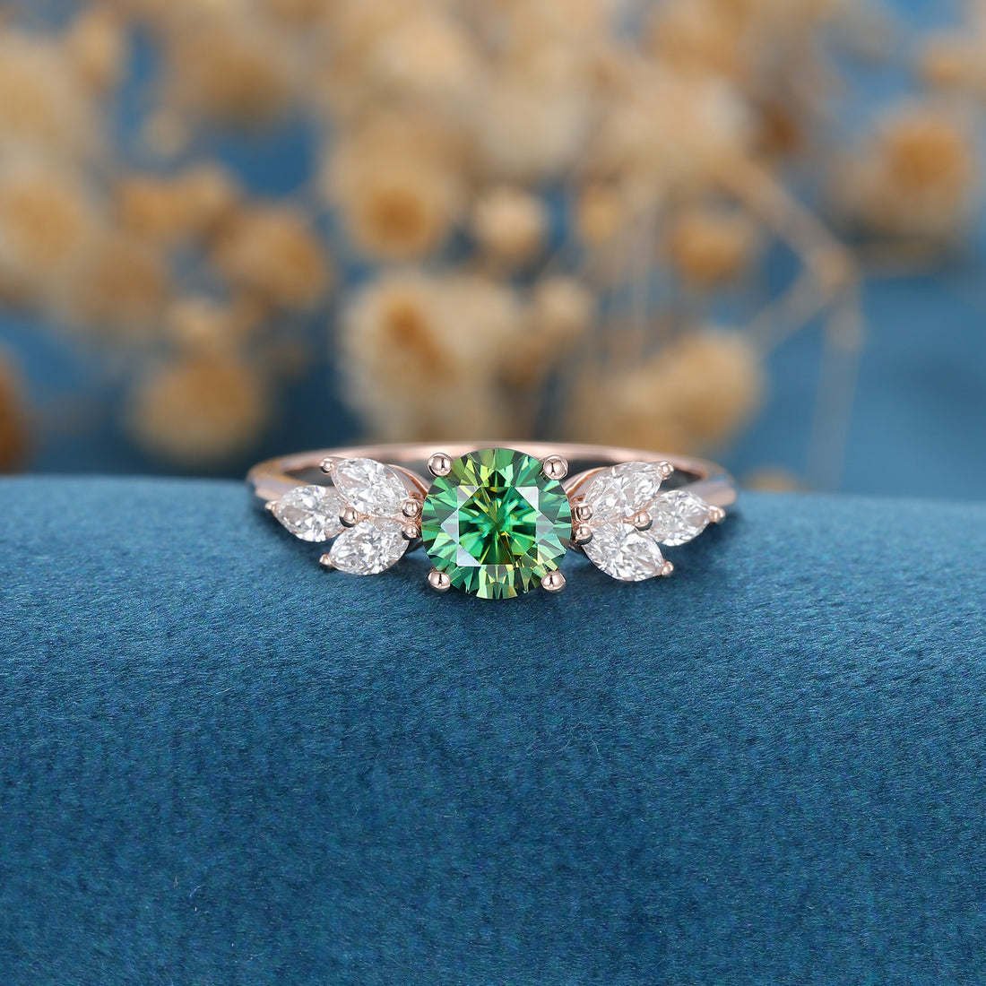 6mm Round Green Moissanite Cluster Engagement ring 