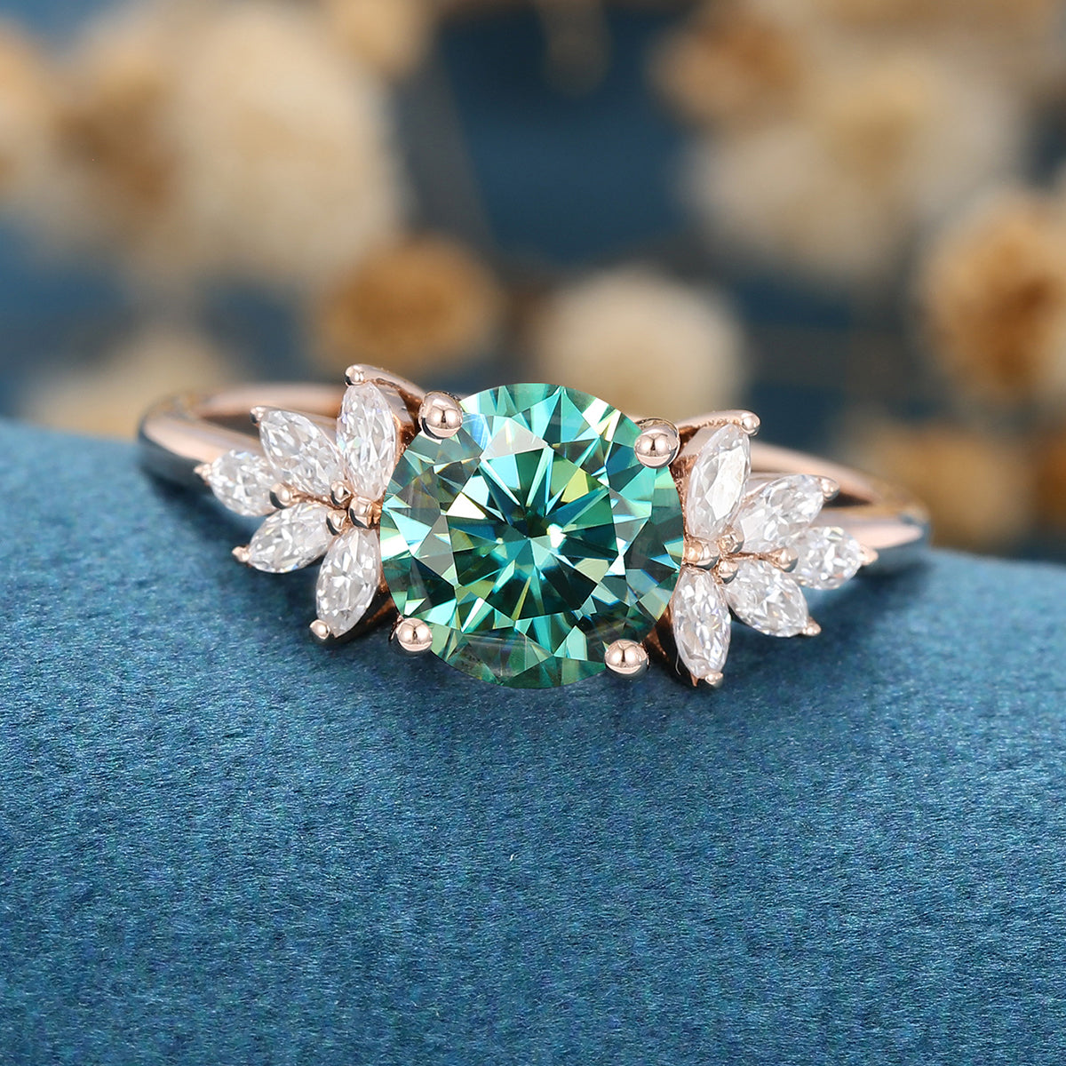 Round cut Green Moissanite Cluster Engagement Ring 