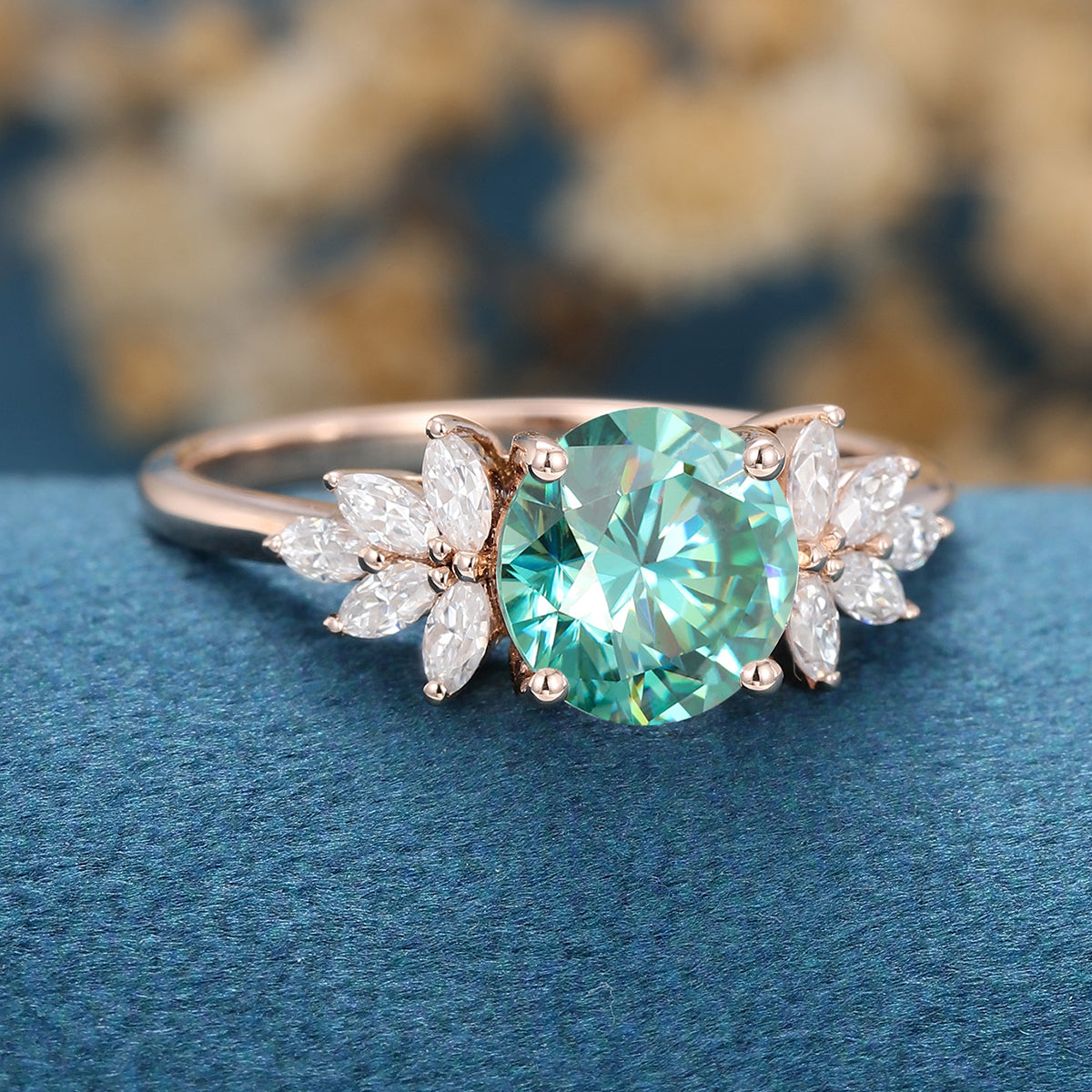 Round cut Green Moissanite Cluster Engagement Ring 