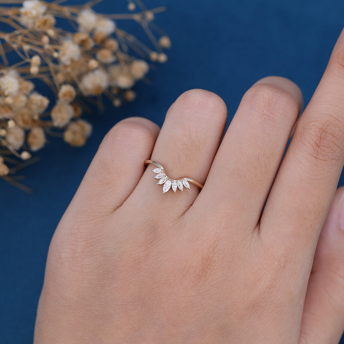 Marquise cut Moissanite Curved Wedding Band Ring 