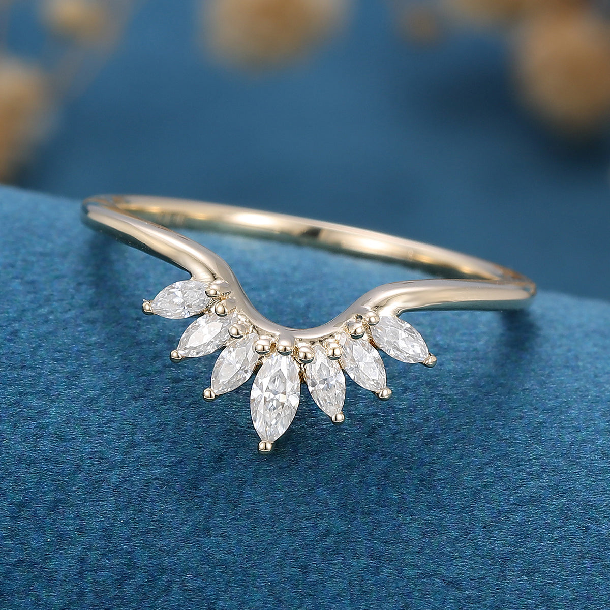Marquise cut Moissanite Curved Wedding Band Ring 