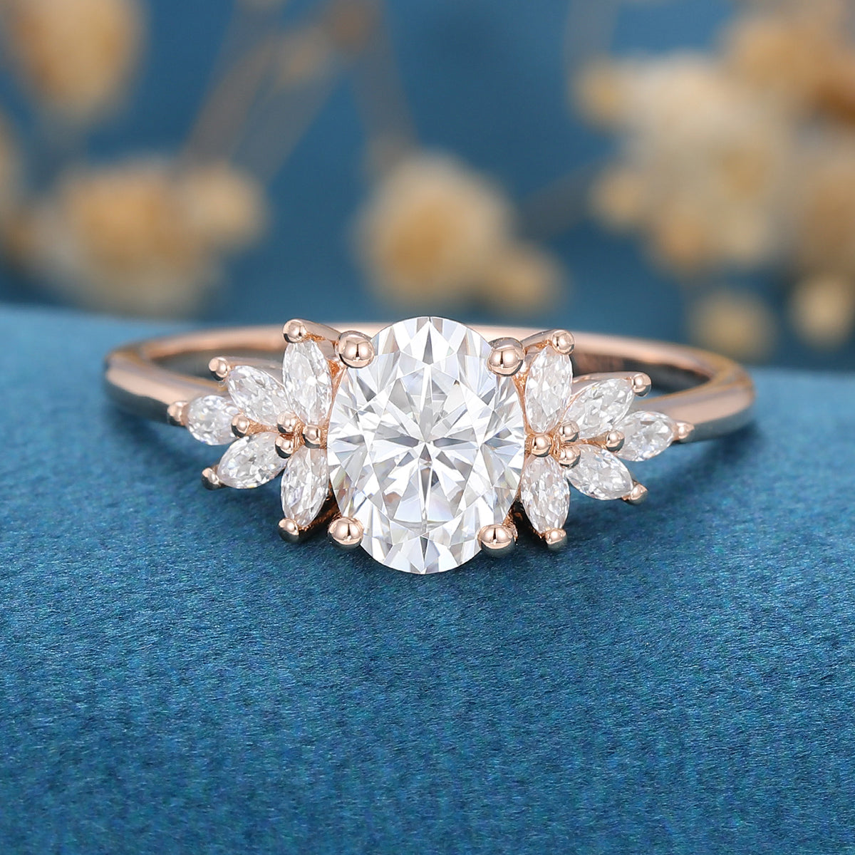 1.5 Carat Vintage Oval cut Moissanite Cluster Engagement Ring for Women 