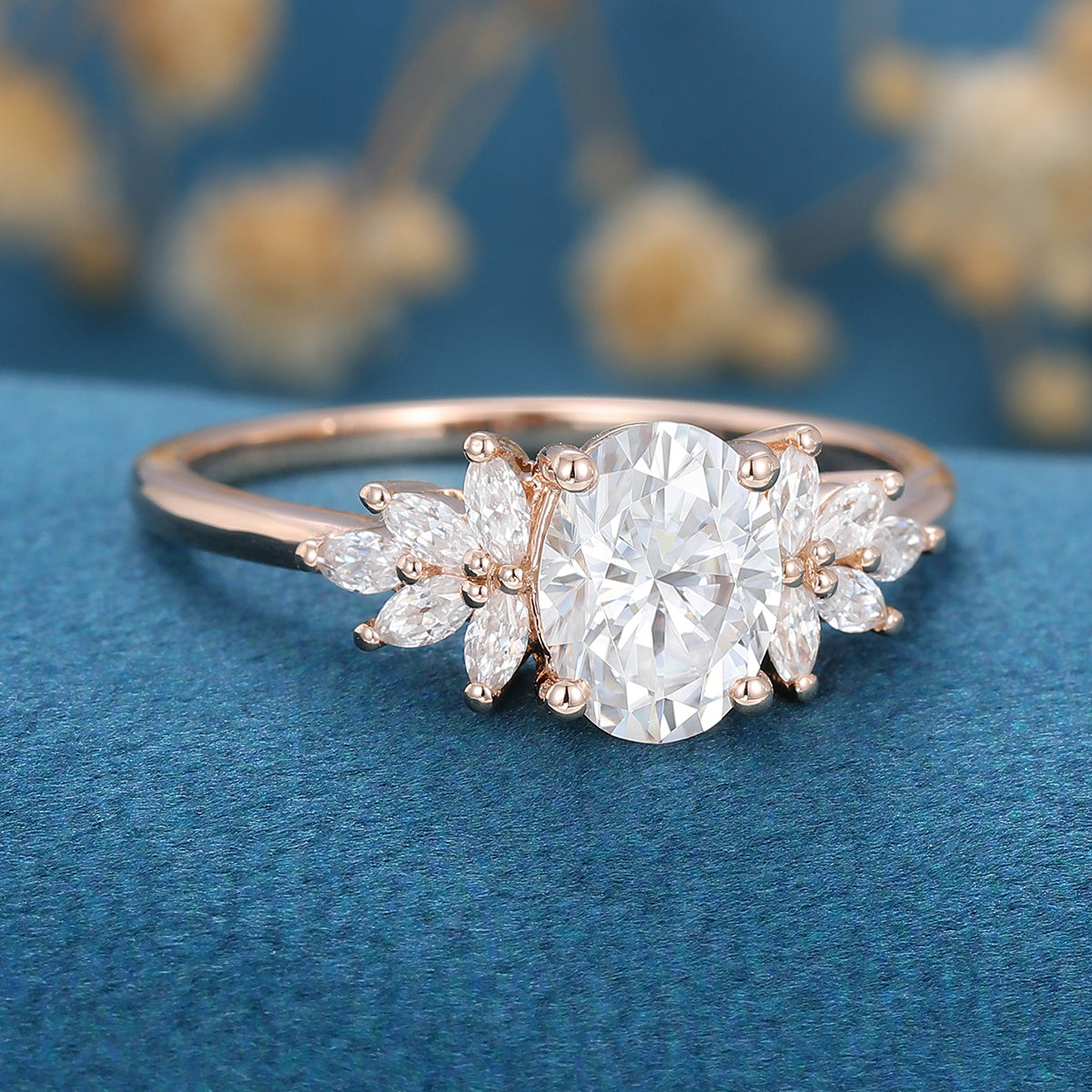 1.5 Carat Vintage Oval cut Moissanite Cluster Engagement Ring for Women 