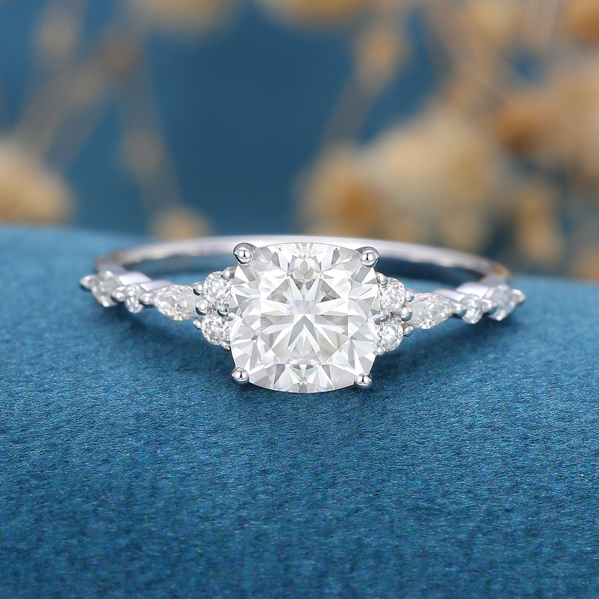 1.25 Carat Cushion cut Moissanite Halo Engagement Ring 