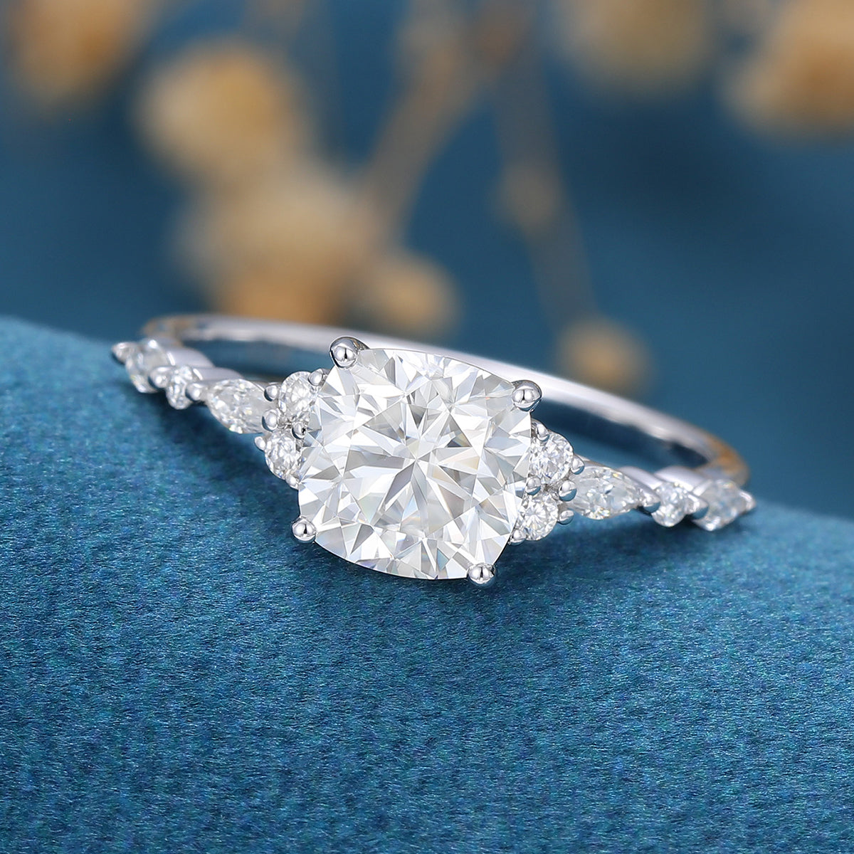 1.25 Carat Cushion cut Moissanite Halo Engagement Ring 