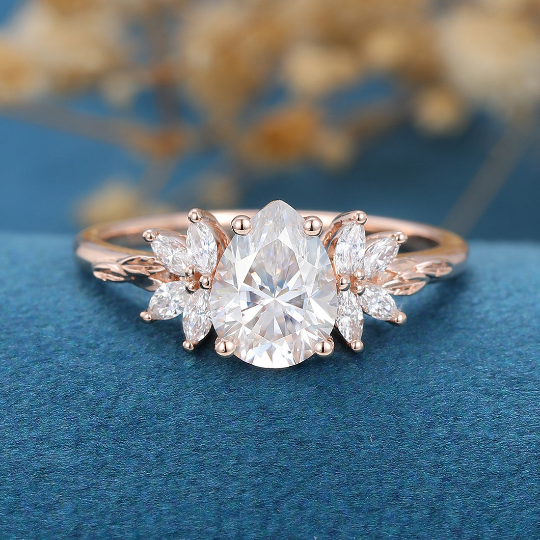 Pear cut Moissanite Cluster Engagement ring 