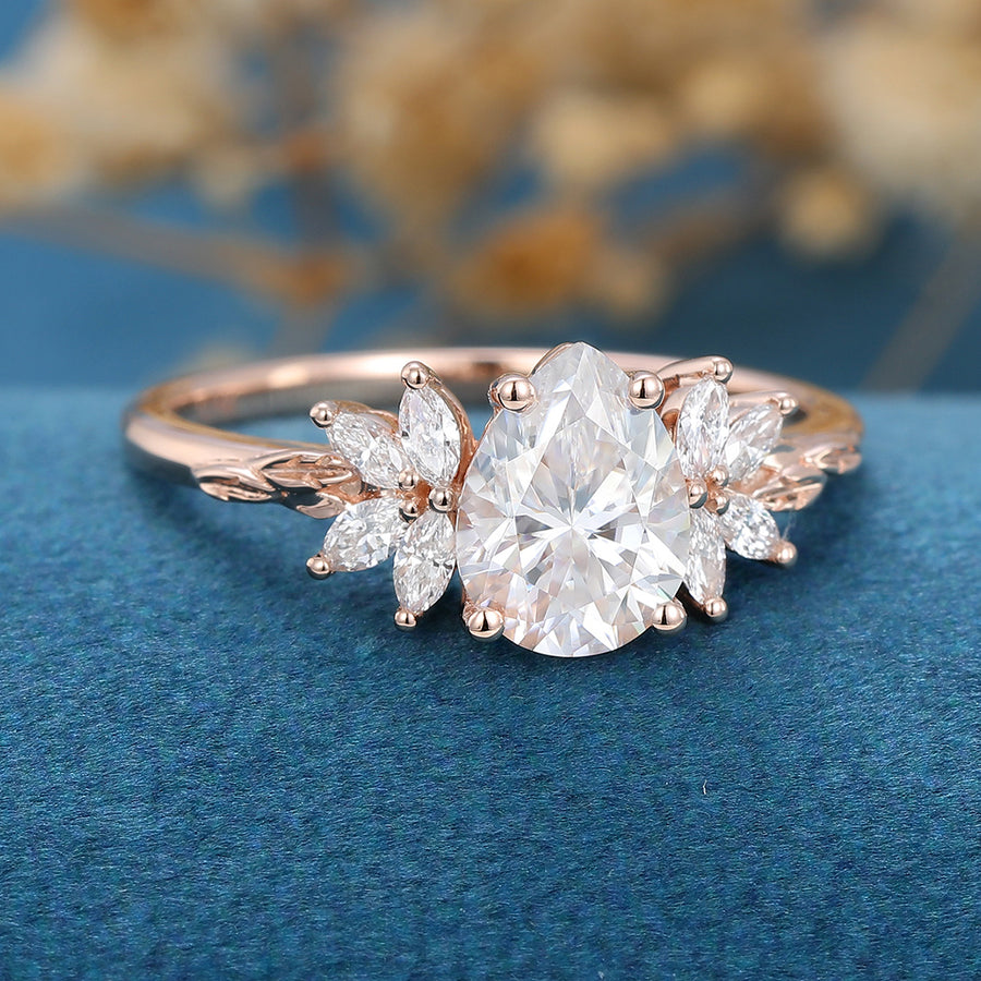 Pear cut Moissanite Cluster Engagement ring 