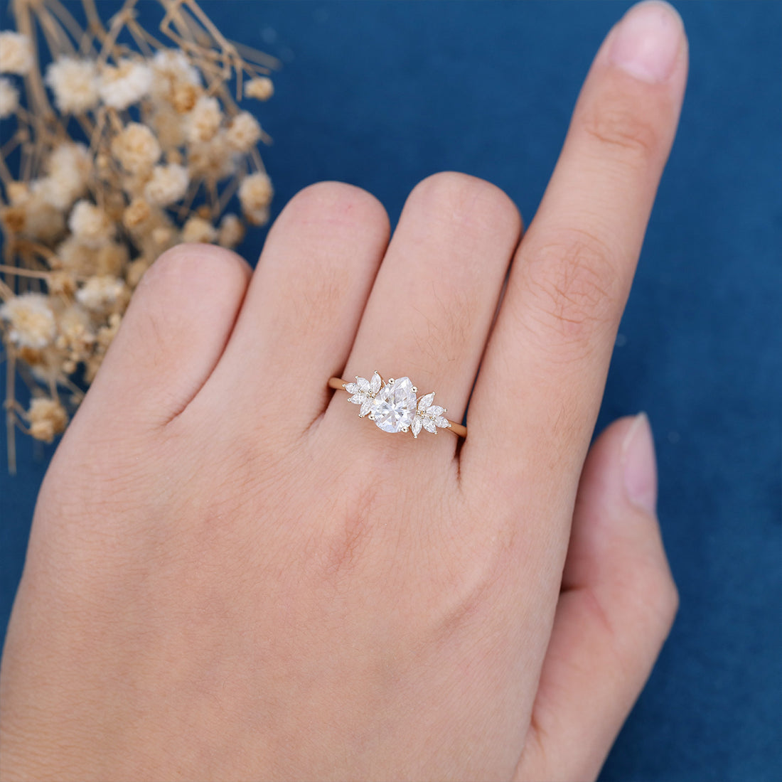 Pear cut Moissanite Cluster Engagement ring