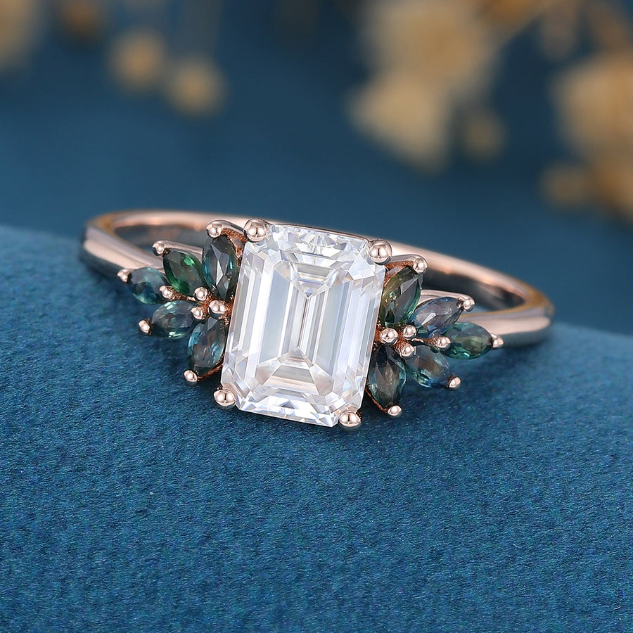 Emerald Cut  Moissanite Cluster Engagement ring 