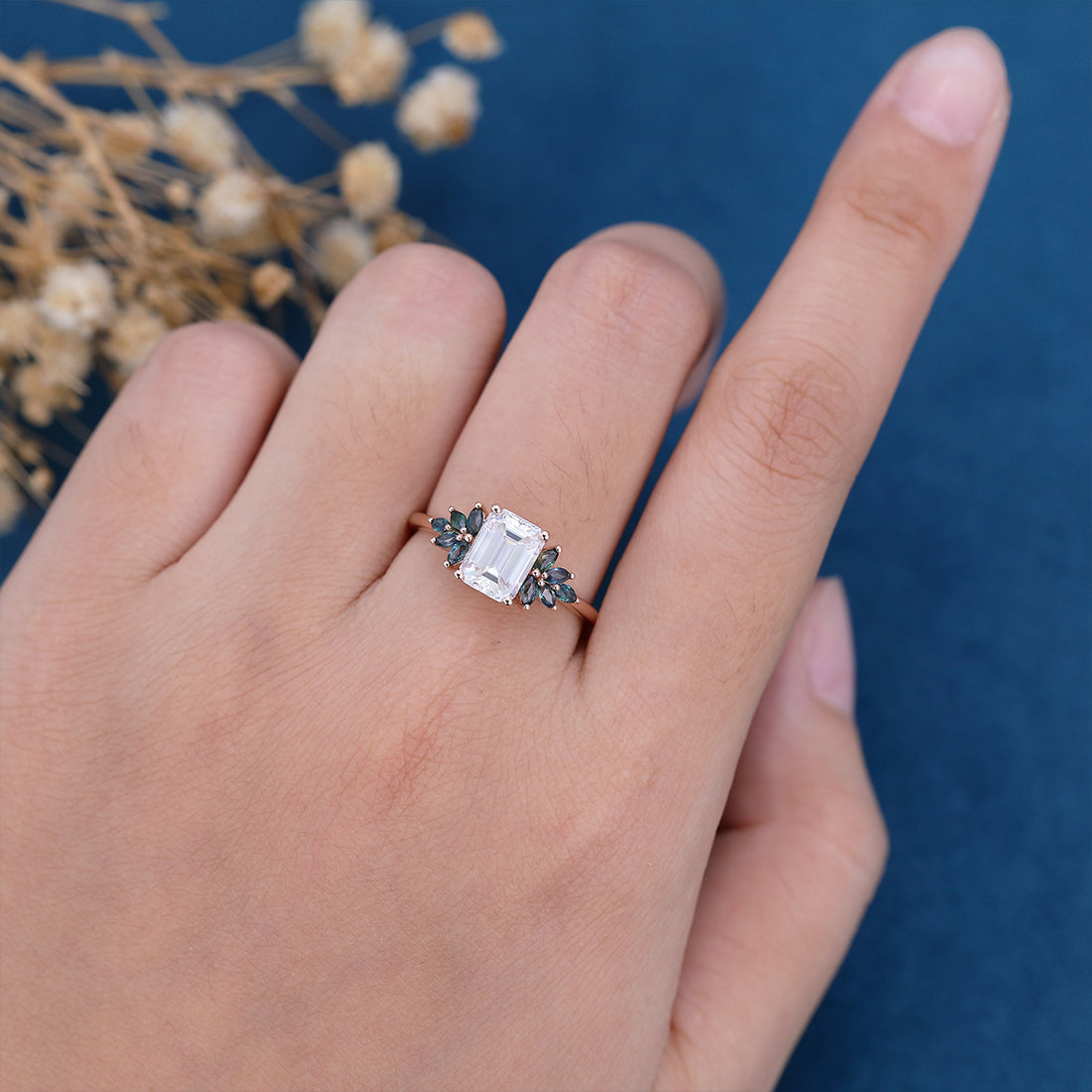 Emerald Cut  Moissanite Cluster Engagement ring