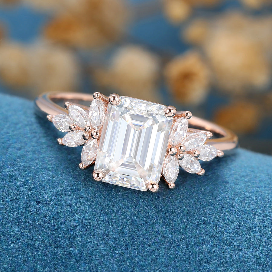 1.75 Carat Emerald cut Moissanite Cluster Engagement ring for Women 
