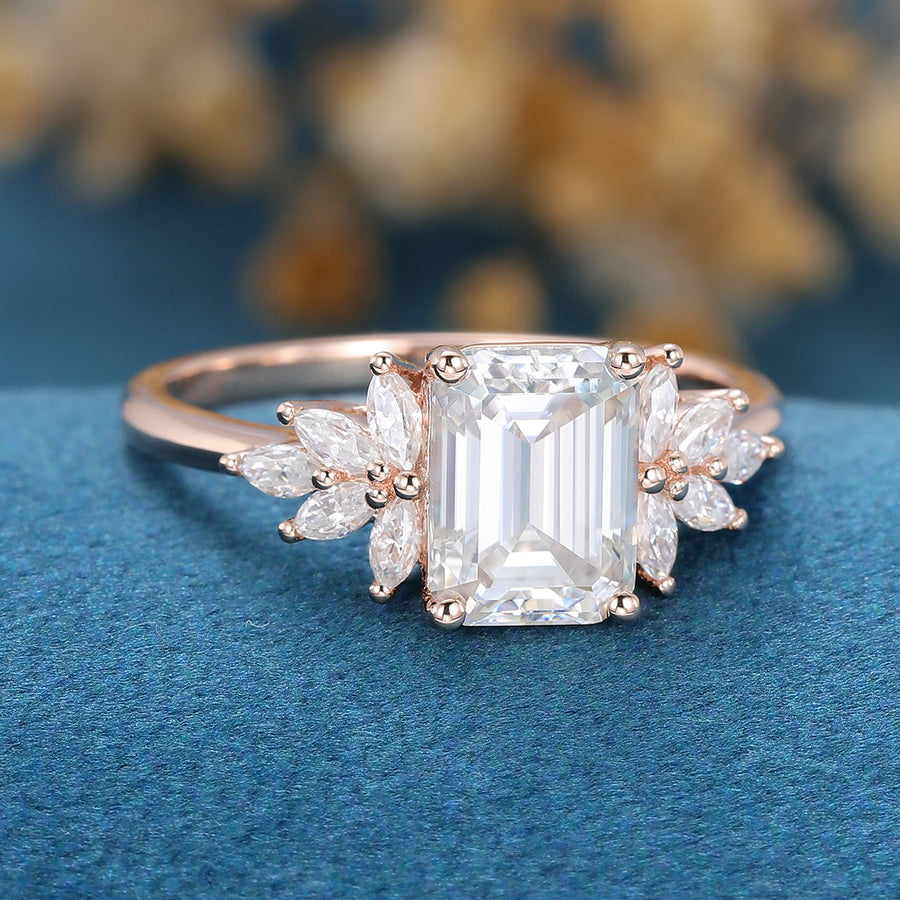 1.75 Carat Emerald cut Moissanite Cluster Engagement ring for Women 