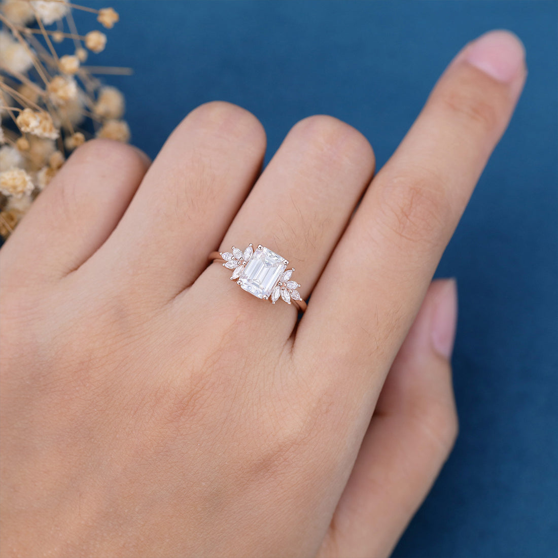 1.75 Carat Emerald cut Moissanite Cluster Engagement ring for Women