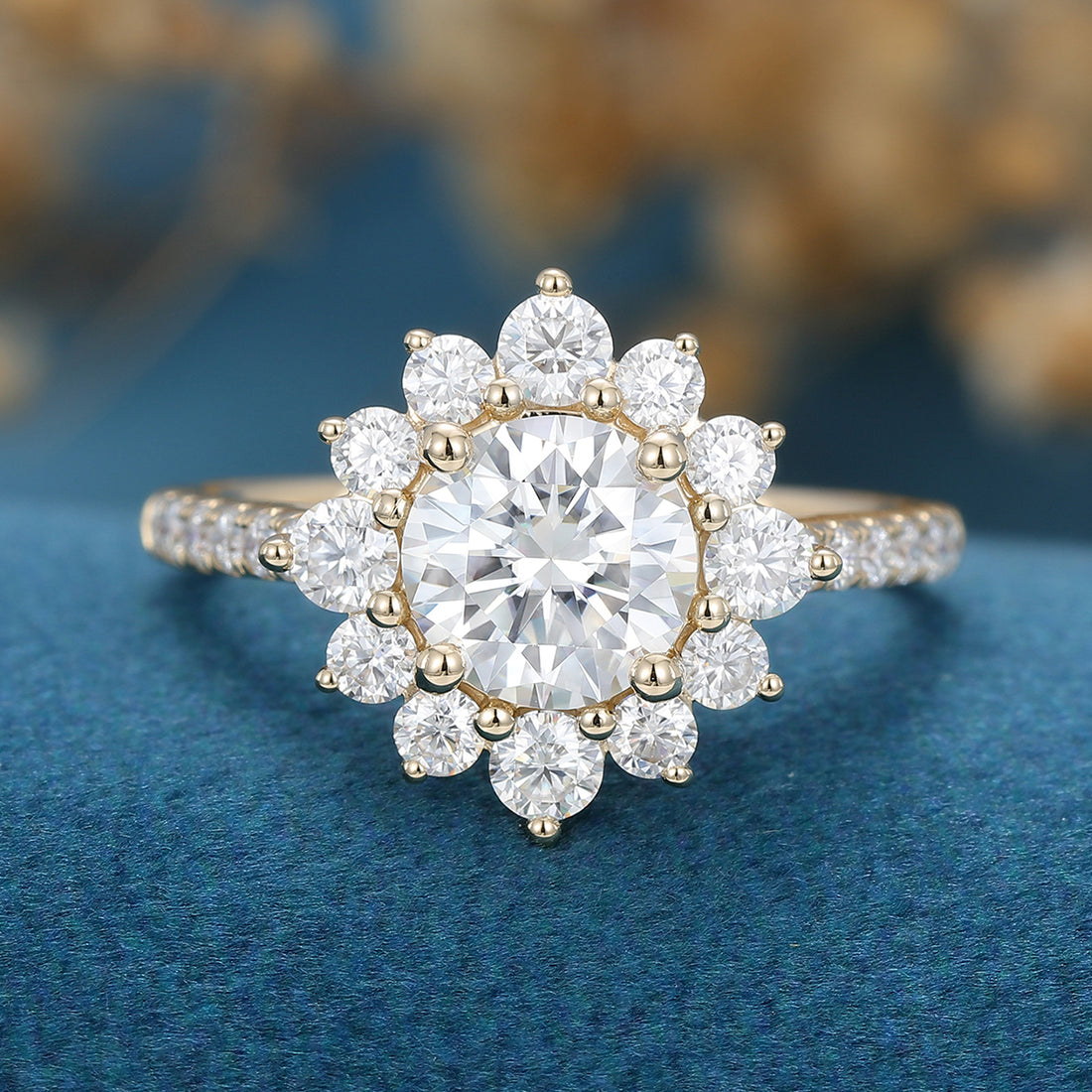 Round Moissanite Halo | Flower Half Eternity Engagement ring 
