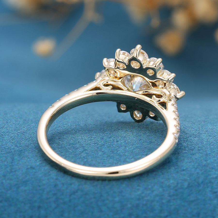 Round Moissanite Halo | Flower Half Eternity Engagement ring 