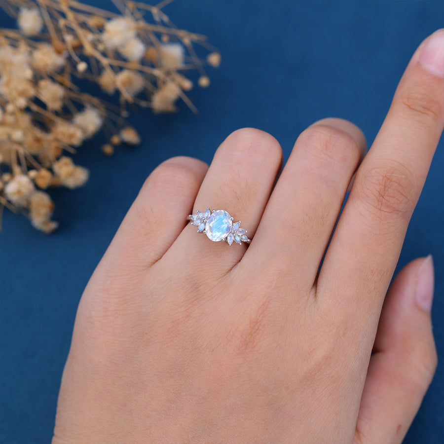 Oval cut moonstone cluster Engagement ring 
