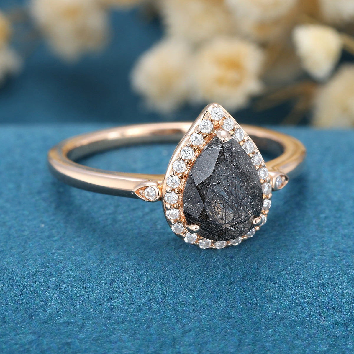 Pear cut Black Rutilated Quartz Halo Engagement ring 