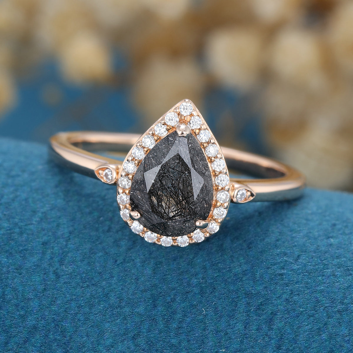 Pear cut Black Rutilated Quartz Halo Engagement ring 