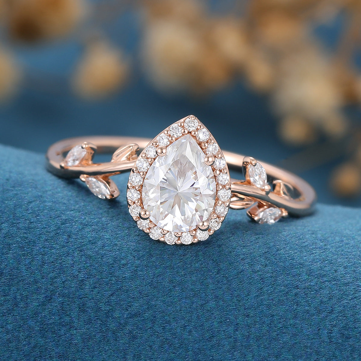 Pear cut Moissanite leaf Engagement Ring 