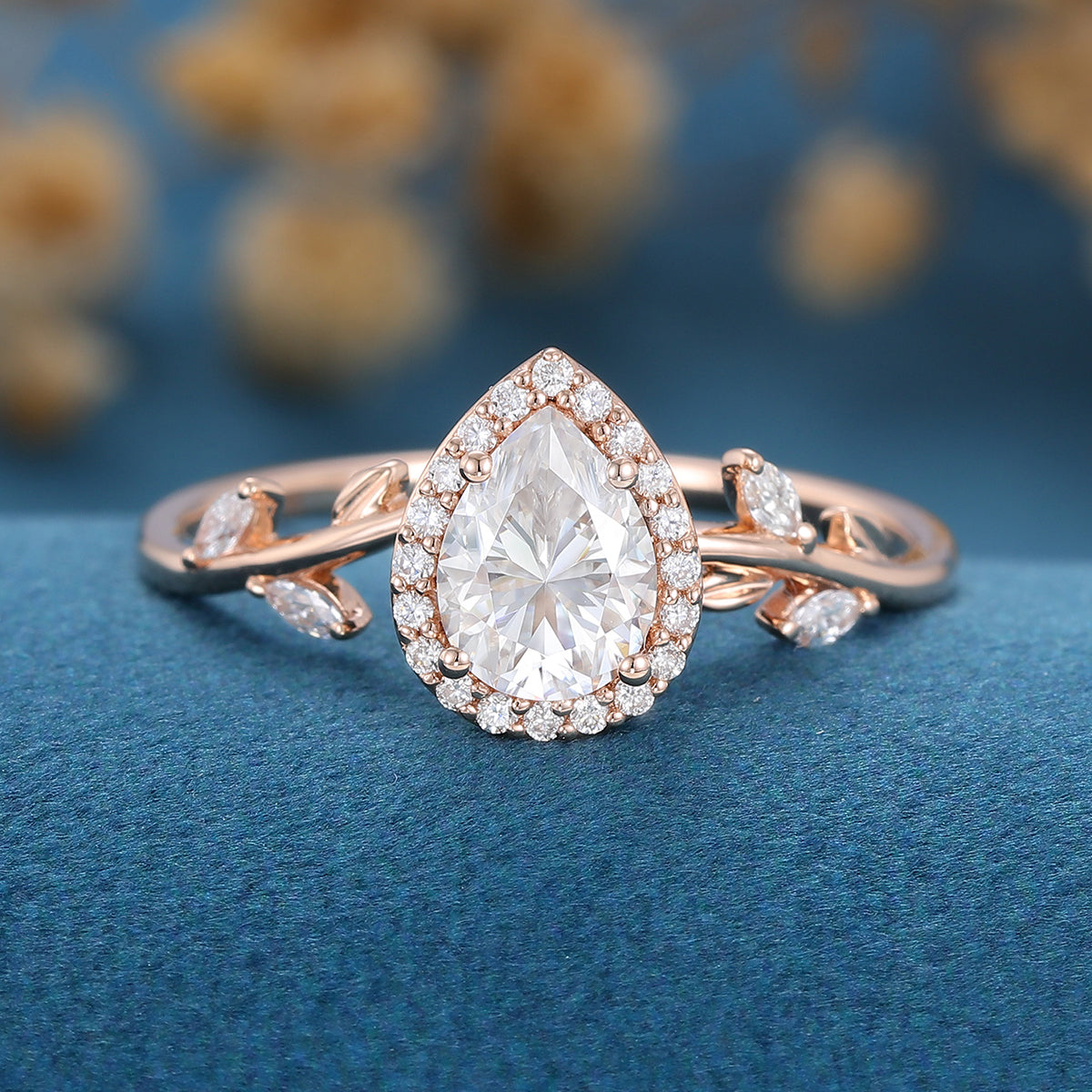 Pear cut Moissanite leaf Engagement Ring 