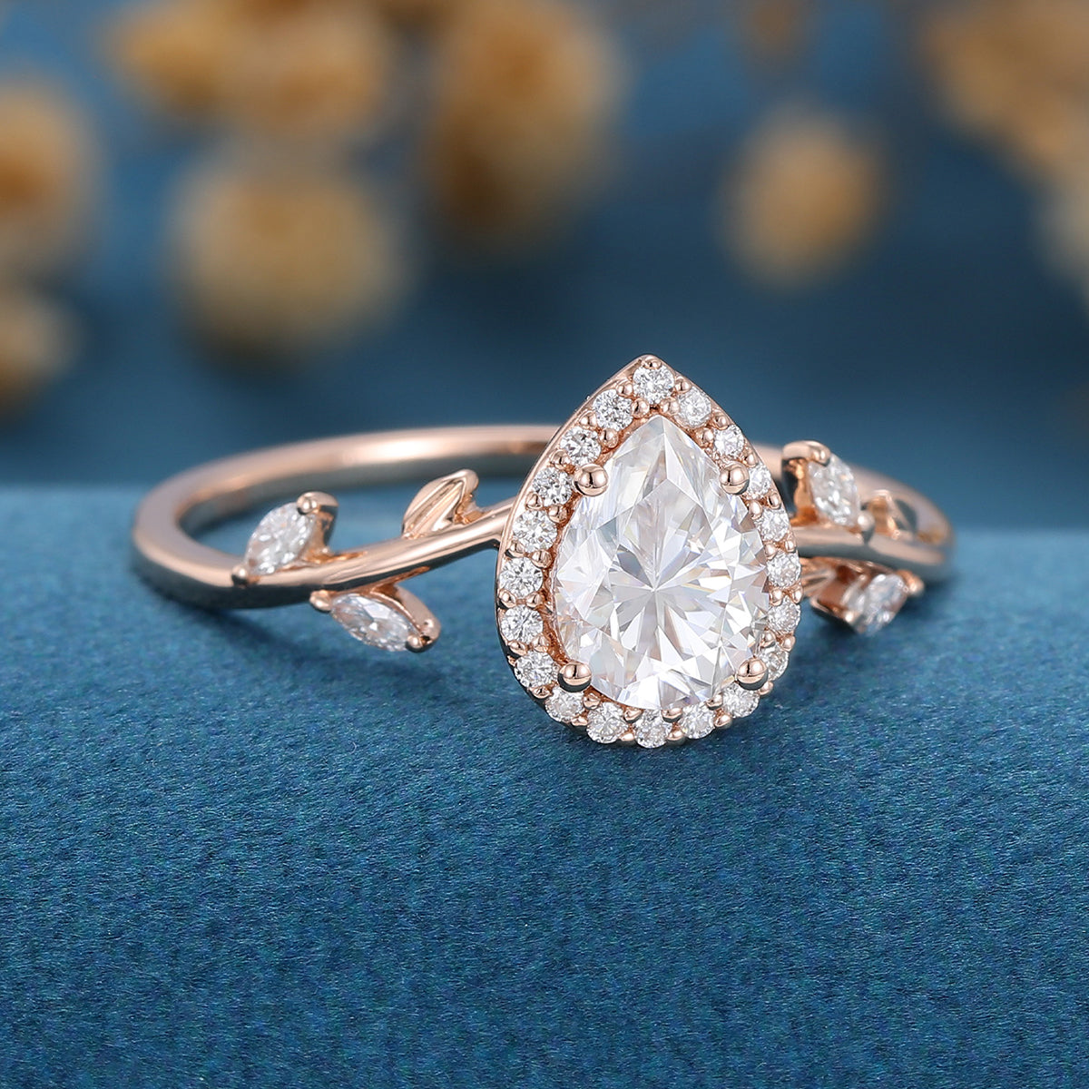 Pear cut Moissanite leaf Engagement Ring 