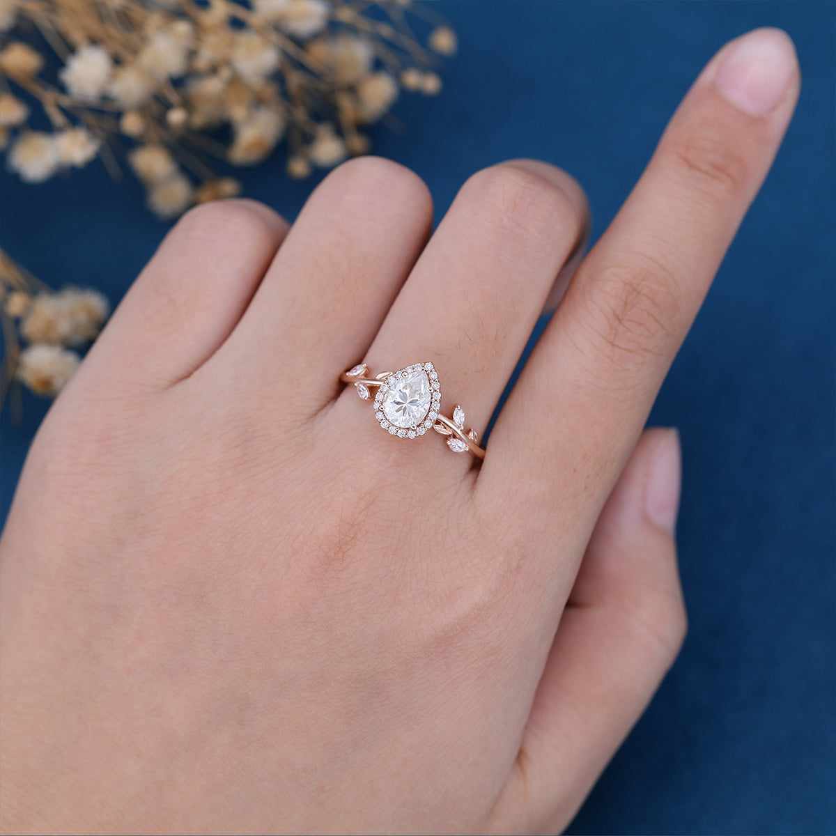 Pear cut Moissanite leaf Engagement Ring 