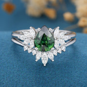 Pear Blue-Green Sapphire Cluster Engagement ring Bridal Set 