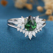 Pear Blue-Green Sapphire Cluster Engagement ring Bridal Set 