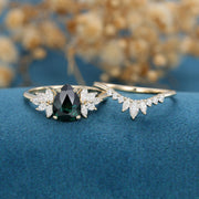 Pear cut Blue-Green Sapphir Cluster Engagement ring Bridal Set 
